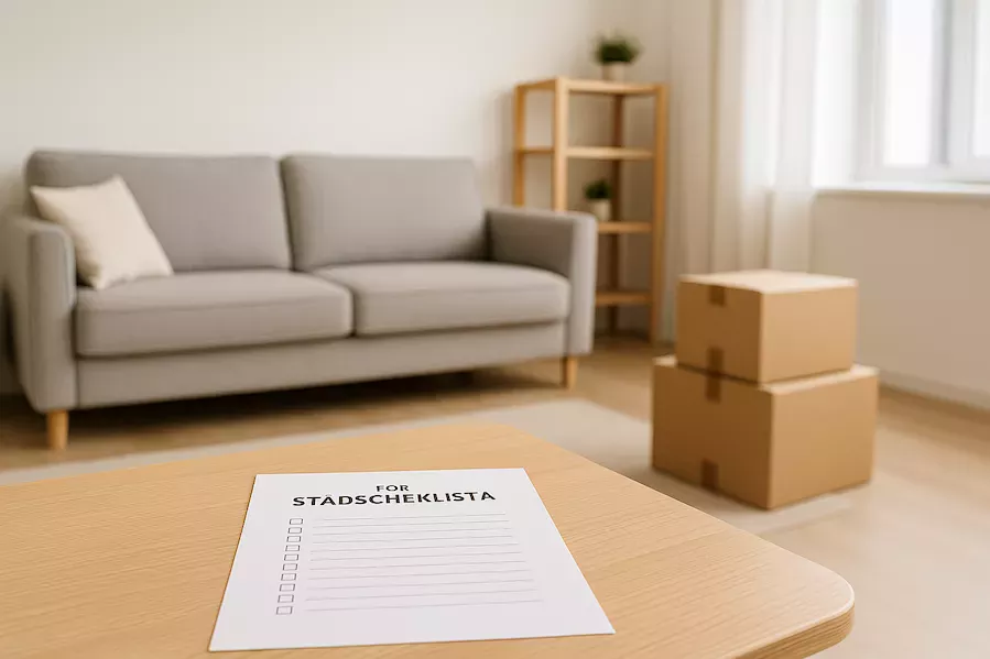 “Ren och städad lägenhet med checklista på bordet – symboliserar förberedelser inför besiktning med fokus på noggrann flyttstädning och godkänd överlämning”